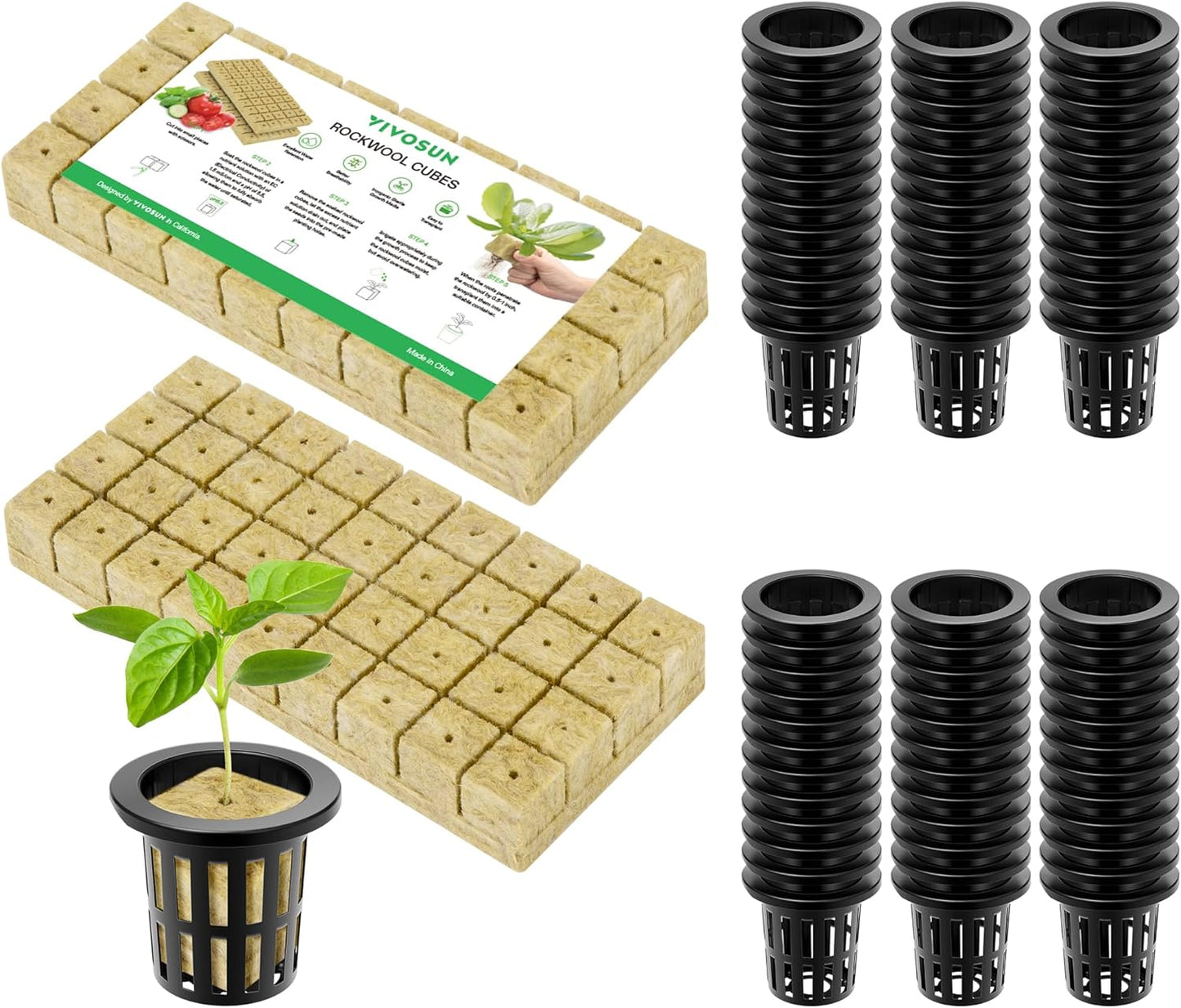 VIVOSUN 72 Rockwool Cubes & Net Pots Set for Hydroponics, 1.2” x 1.2” 