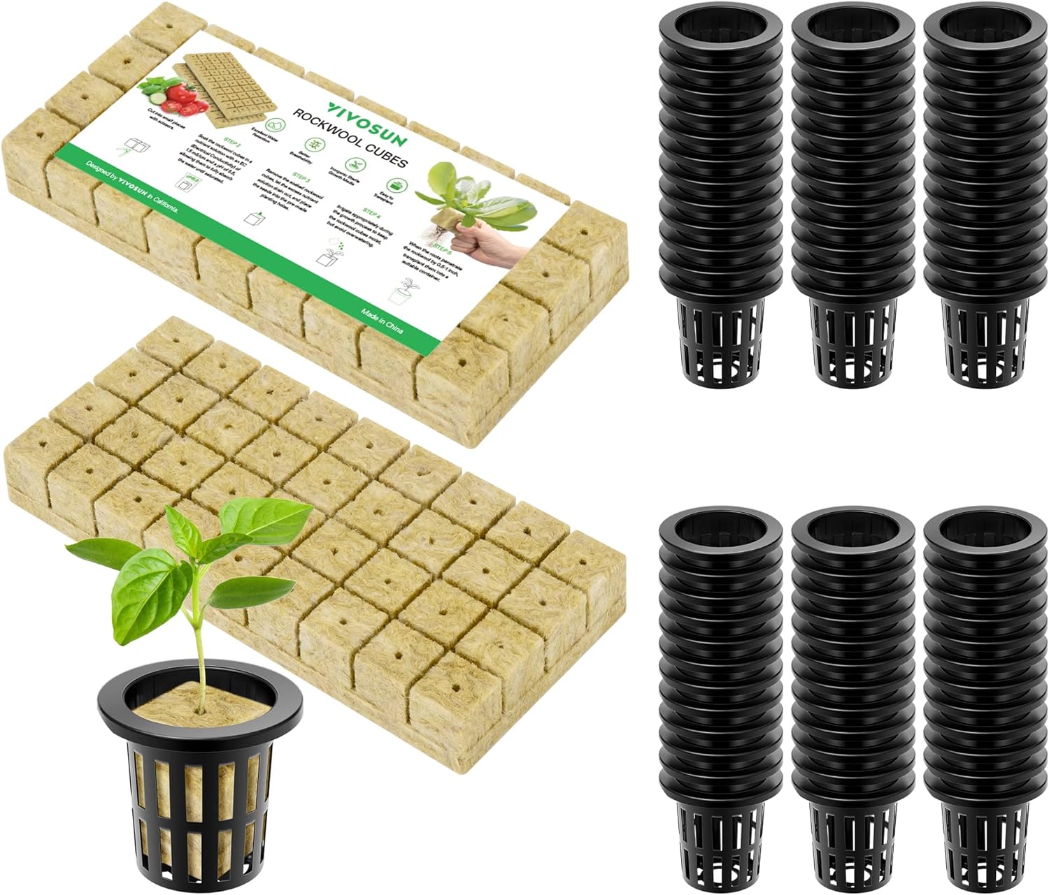 VIVOSUN 72 Rockwool Cubes & Net Pots Set for Hydroponics, 1.2” x 1.2” 