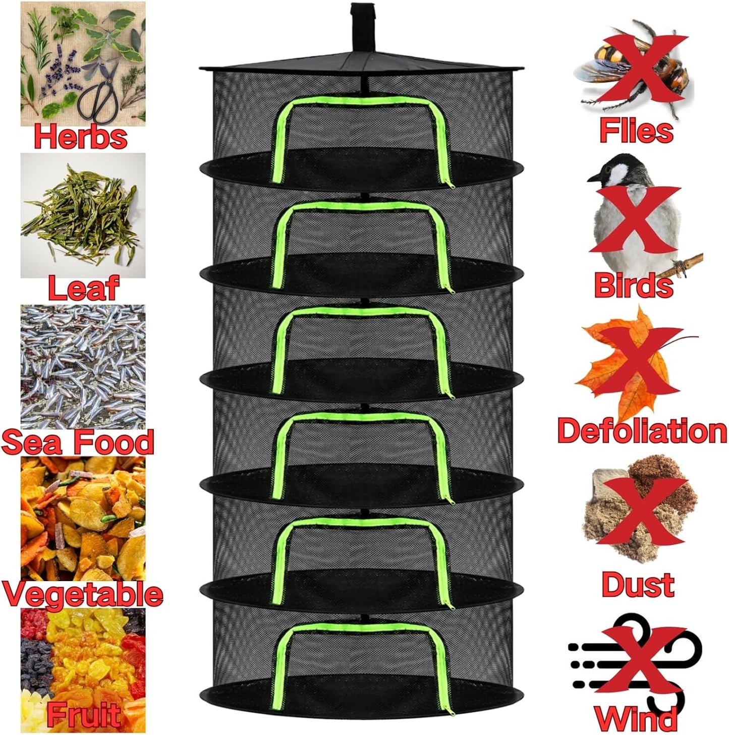 Coloch 6 Layer Herb Drying Rack with Zipper, Foldable Food Drying Net Collapsible Hanging Seed Drying Mesh with Garden Shear, Hook, Bag, for Plant, Seed, Bud, Fruit, Food, 23.6”x47”