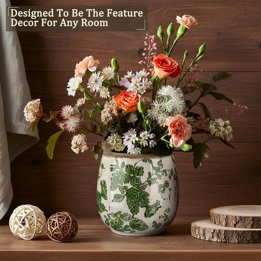 Vintage Ceramic Flower Pot with Ice Crackle Rustic Planter with Drainage Holes for Indoor and Outdoor Decor Home Living Room Garden Decor Gardening Gift(Vintage Green Style)