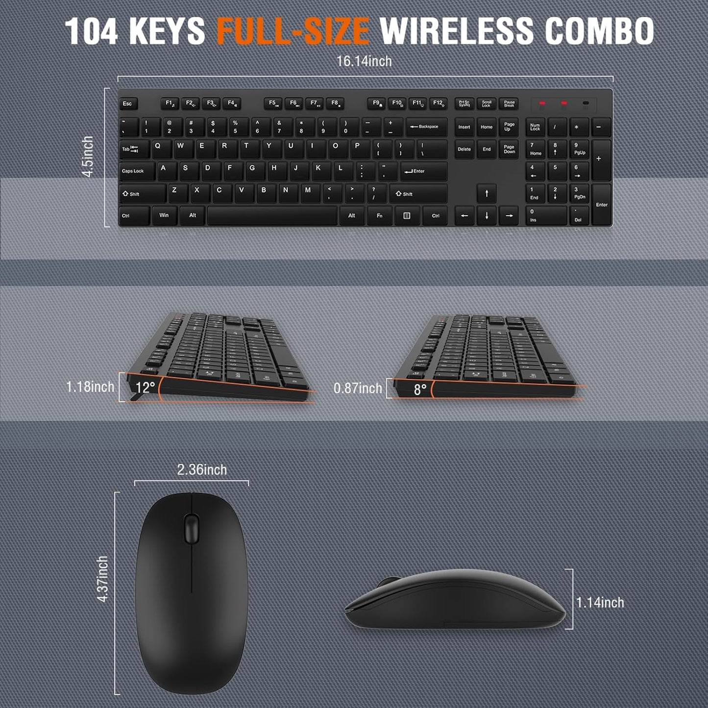 Wireless Keyboard and Mouse Combo, EDJO Silent Full Size Cordless USB 
