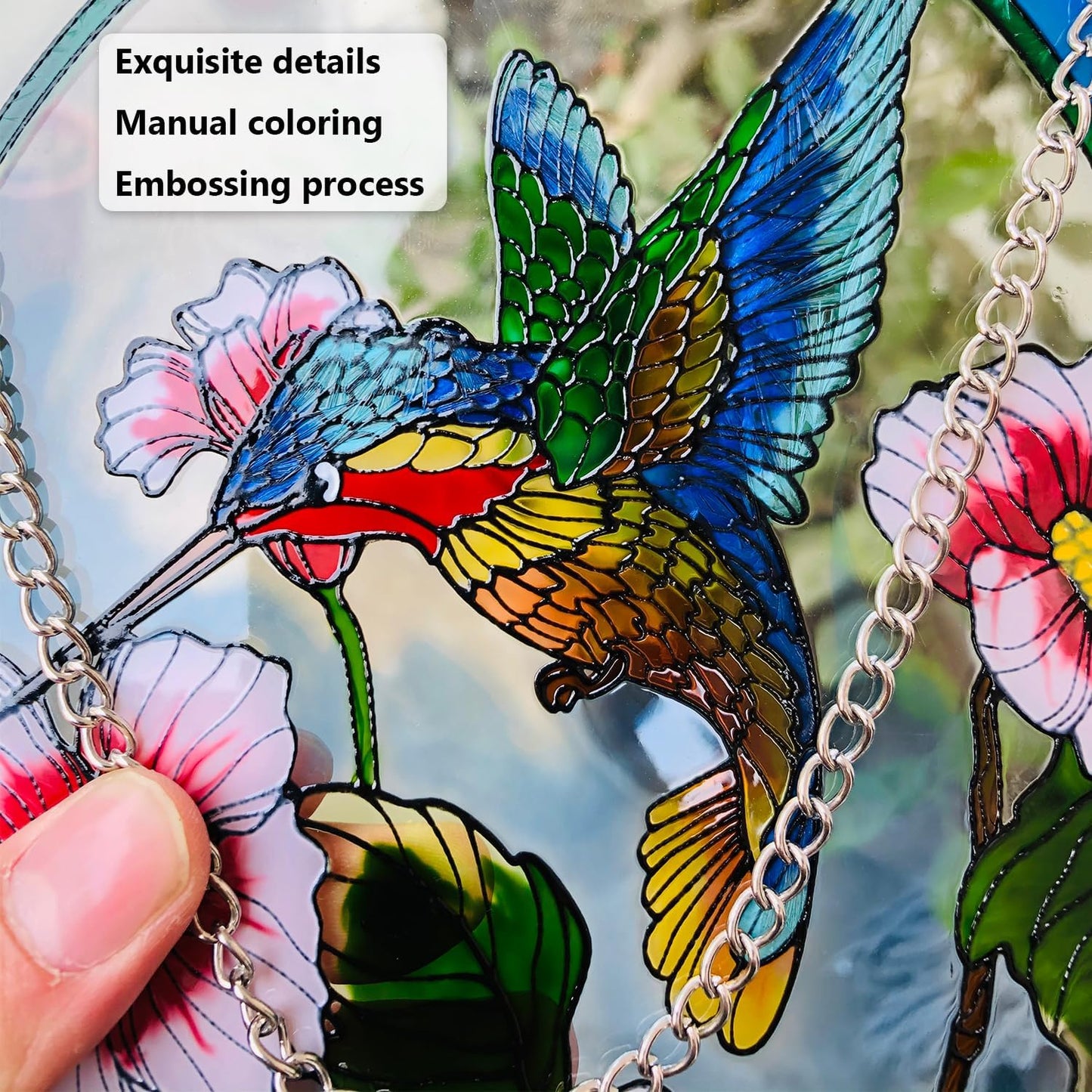 Hummingbird Stained Glass Window Hangings,Suncatcher for Window, Hummingbird and Flowers Hanging Ornament, Stained Glass Panel Home Decorations for Indoor Outdoor