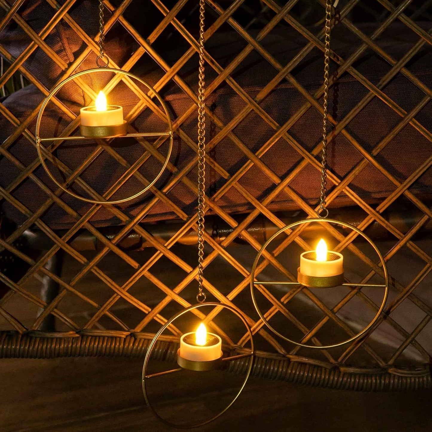Solar Lanterns Outdoor Hanging Lights, Golden Metal Candle Holder with Solar Tea Lights Outdoor Waterproof, Solar Chandelier Ideas for Tree Gazebo Pergola Patio Garden Backyard Decor - Set of 3
