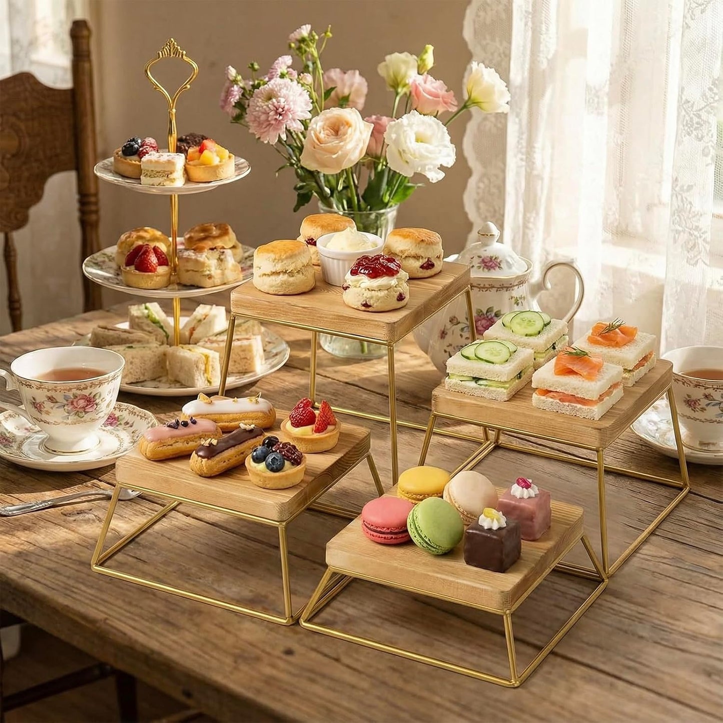 MyGift Gold Food Risers for Display Party, 4-Piece Wood Square Buffet Dessert Stands, Tiered Wooden Riser Set for Pizza, Cupcakes, Ornaments, Perfume or Retail Display