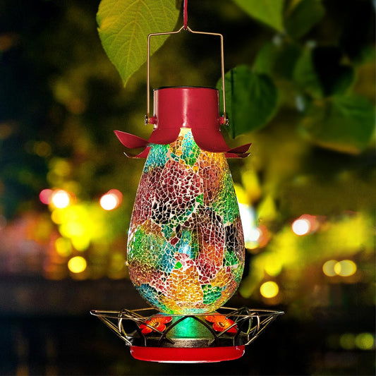 LED Solar Hummingbird Feeder for Outdoors, Multicolor Glass Mosaic Hanging Humming Bird Nectar Bottle with 4 Flower Feeding Stations for Outside, Waterproof Garden Decor Light (Ring Perches)