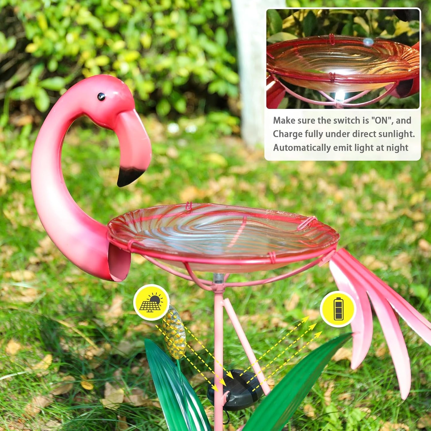 MUMTOP Flamingo Bird Bath with Solar Lights, Glass Birdbaths Birdfeeder Bowl with Metal Stake and Flamingo Decorations for Outside Garden Yard Lawn Outdoor