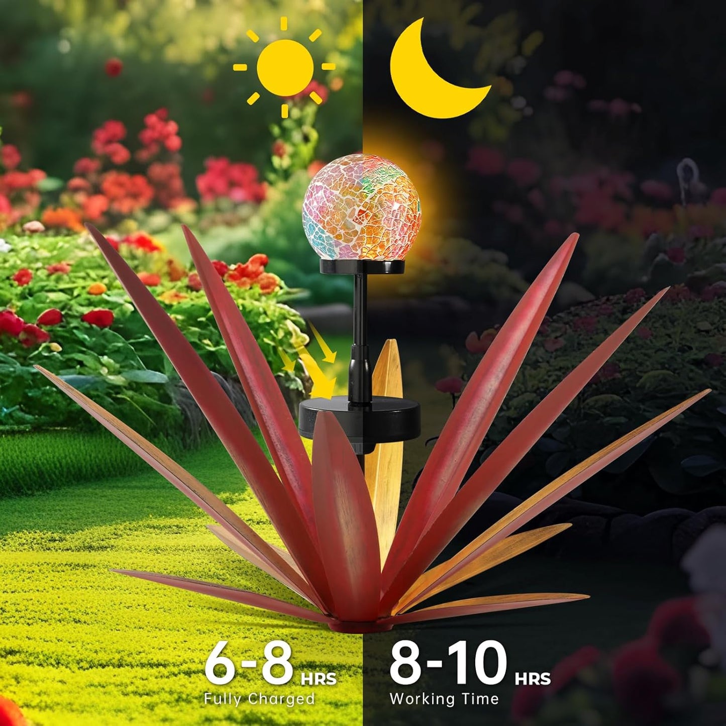 2Pack Tequila Rustic Sculpture Metal Yard Decor with Solar Mosaic Light, 21Inches Height Hand Painted Metal Agave Garden Statue Red