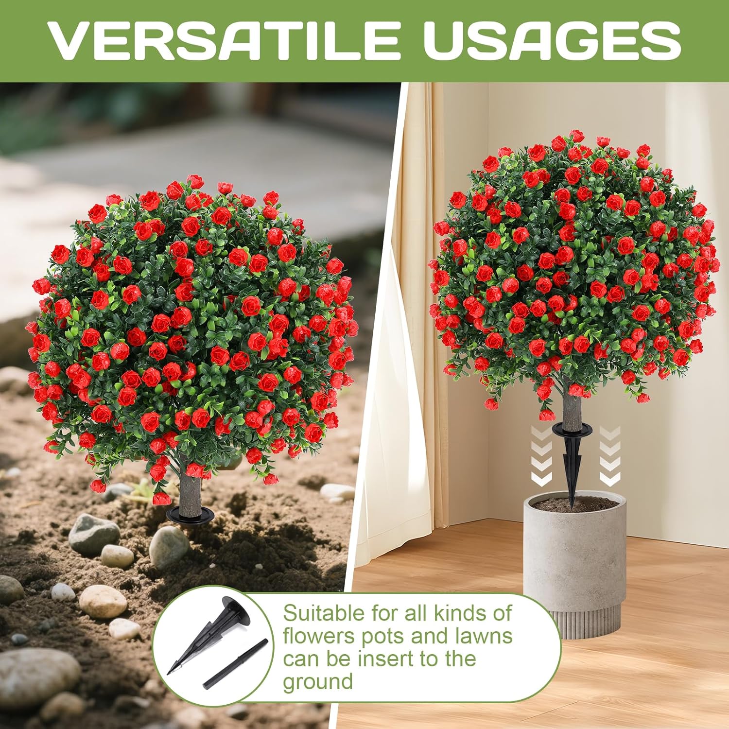 Artificial Red Rose Topiary Ball Tree 25" with Ground Spike, Set of 2 