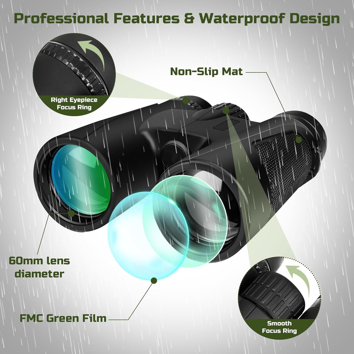 High Power 25X60 Binoculars for Adults Waterproof 60mm Big Eyepiece Fogproof Binoculars with BAK4 Prism FMC Lens for Outdoor Stargazing Hunting Traveling Wildlife Bird Watching (Black)