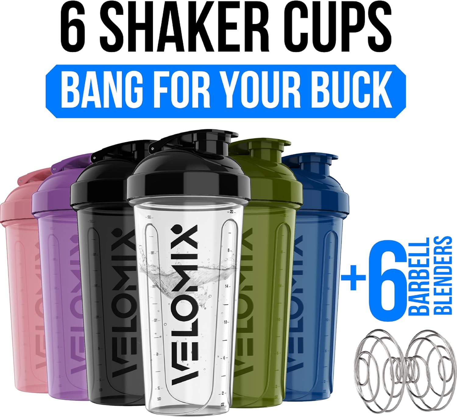 VELOMIX -6 PACK- 28 oz Protein Shaker Bottle for Protein Mixes -6x Wir