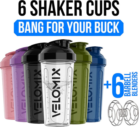 VELOMIX -6 PACK- 28 oz Protein Shaker Bottle for Protein Mixes -6x Wir