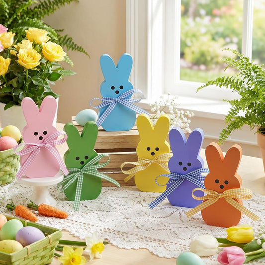 Easter Decorations for Home, 6 Pcs Wooden Bunny Table Decorations Signs with DIY Ribbons, Indoor Spring Easter Decor for Office Bedroom Kitchen Tiered Tray Mantel Shelf, 4.28 Inch
