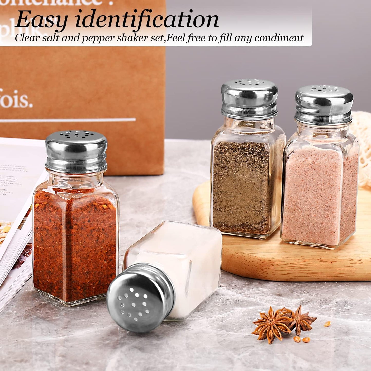 Salt and Pepper Shakers Set,DWTS DANWEITESI Salt Shaker with Stainless Lid-Glass Spice Jars Kitchen Gadgets,Clear to Know When to Fill,Farmhouse Salt Pepper Shakers Cute Kitchen Essentials Decoration