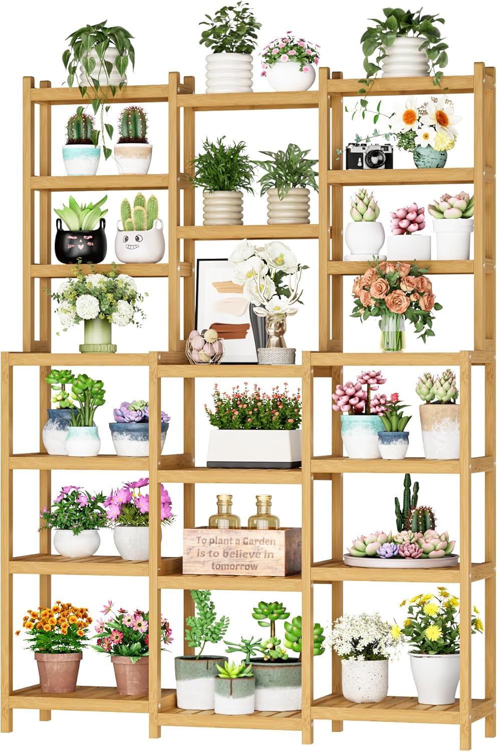 FOTOSOK Bamboo Shelf, 7 Tier Plant Stand Indoor, 3 Row Ladder Shelf, Bookshelf and Bookcase, Plant Shelves with Adjustable, Corner Display Stands, Flower Stand for Living Room Balcony Kitchen Natural