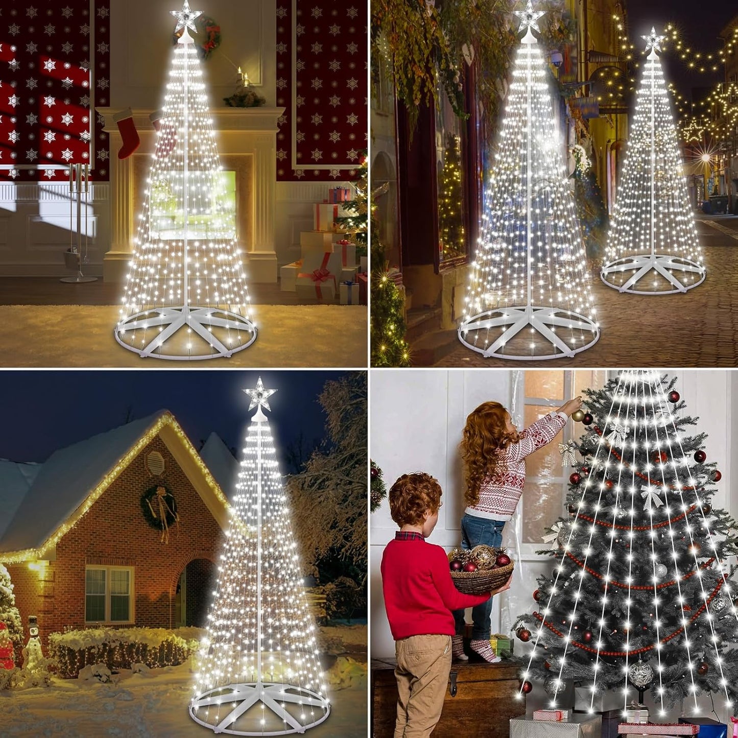 Outdoor Solar Christmas Cone Tree Lights, 8ft 444 LED Christmas Tree LightShow with 8 Modes Timer Remote, Lighted Artificial Tree USB Charge for Xmas Yard Porch Patio Party Holiday Decor, Cold White