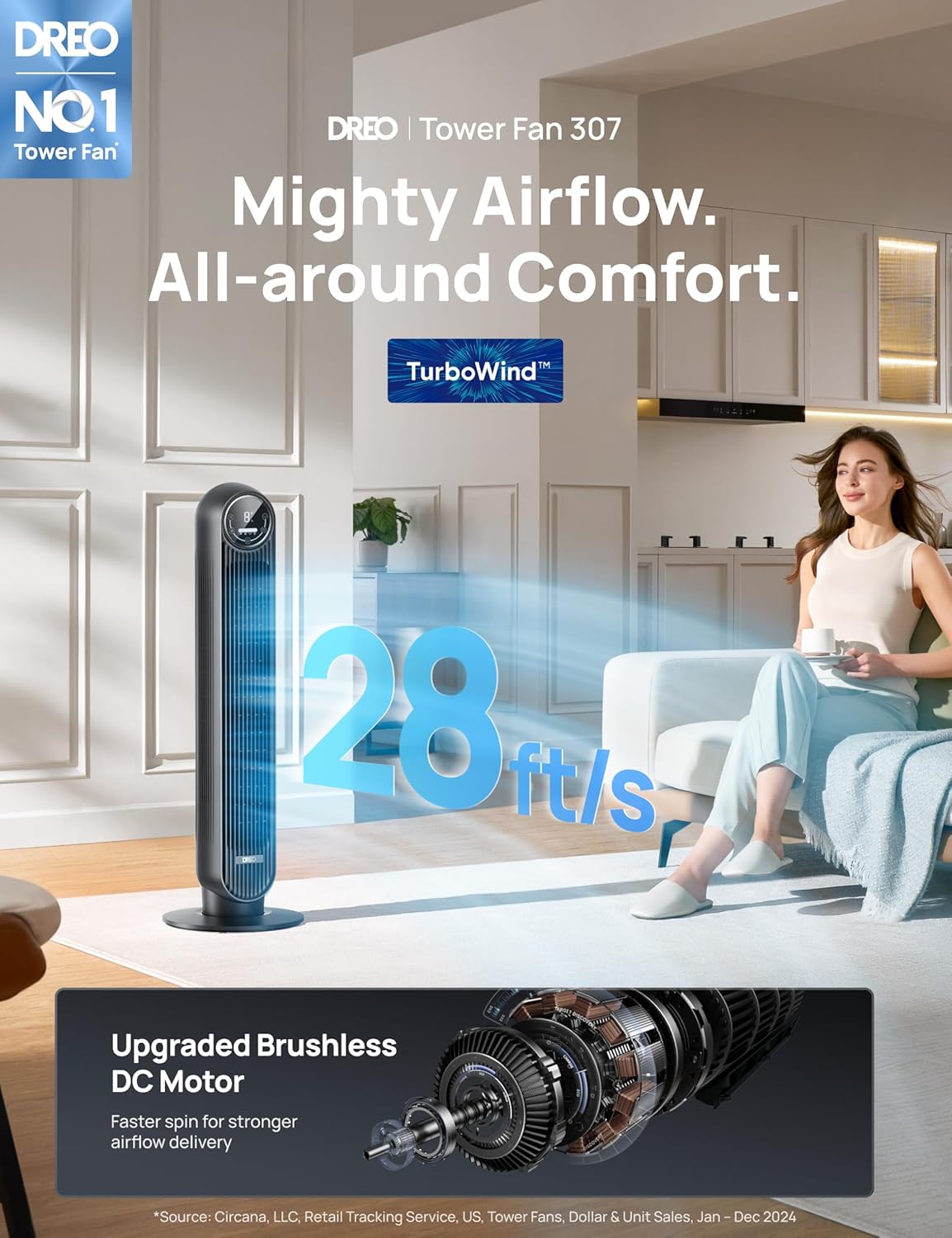 DREO Tower Fan for Bedroom, 2026 Upgraded DC Motor, 28ft/s High Velocity, 20dB Ultra Quiet Standing Fan, 8 Speeds 4 Modes, 90° Oscillating Bladeless Fan for Indoors, Floor Fans with Remote, Black