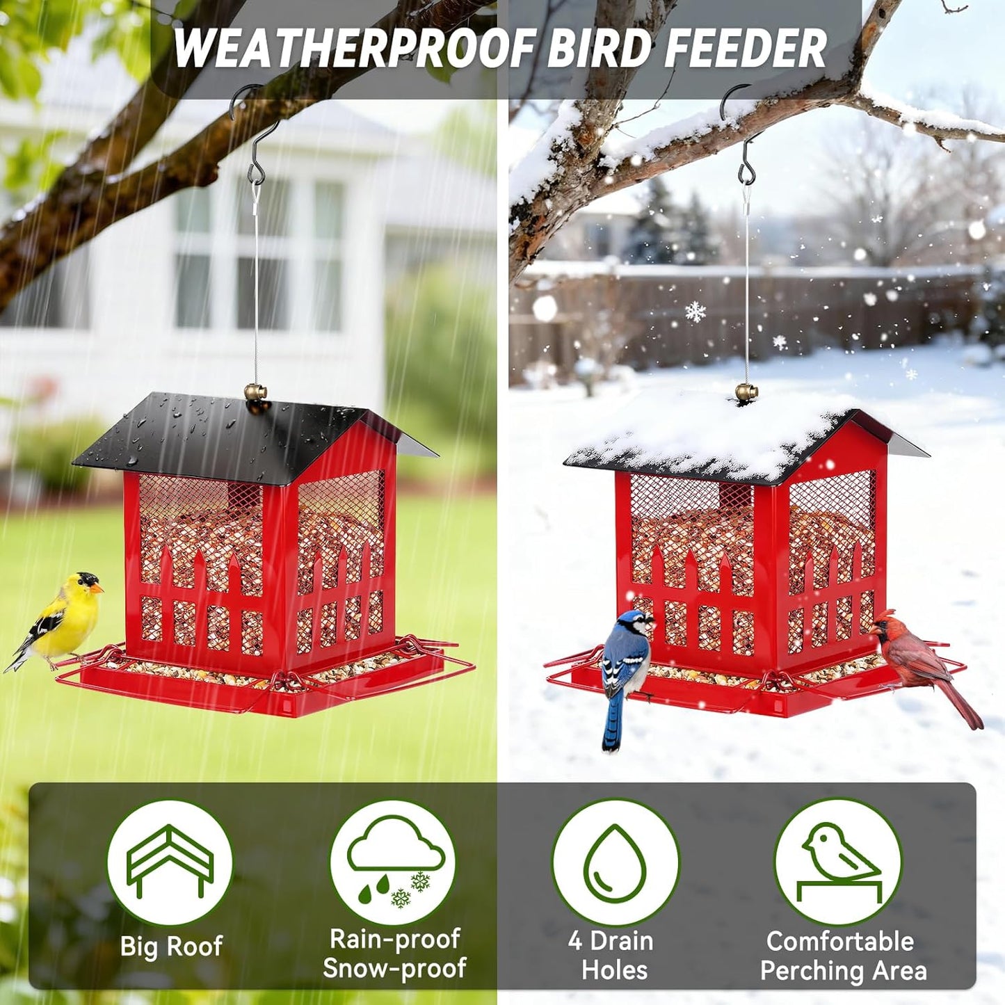 Bird Feeder, Large Bird Feeders for Outdoors Hanging, Metal Wild Bird Feeder with Upgraded Weatherproof Roof for Outside Backyard Garden Decor