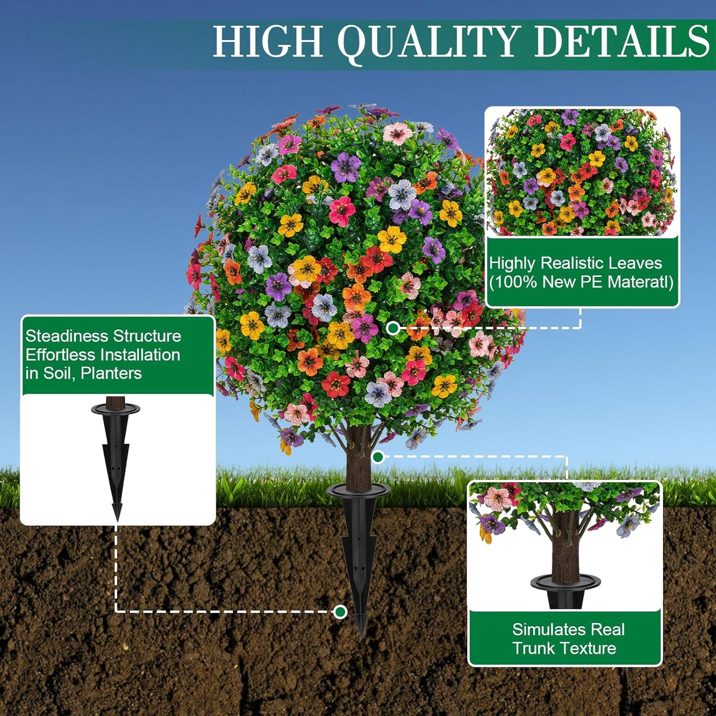 23" Artificial Boxwood Topiary Ball Trees with Colorful Flowers, Set of 2 UV Resistant No Fade Outdoor Faux Plants with Ground Spike, Fake Shrubs for Garden, Patio, Porch, Yard, Indoor Decor