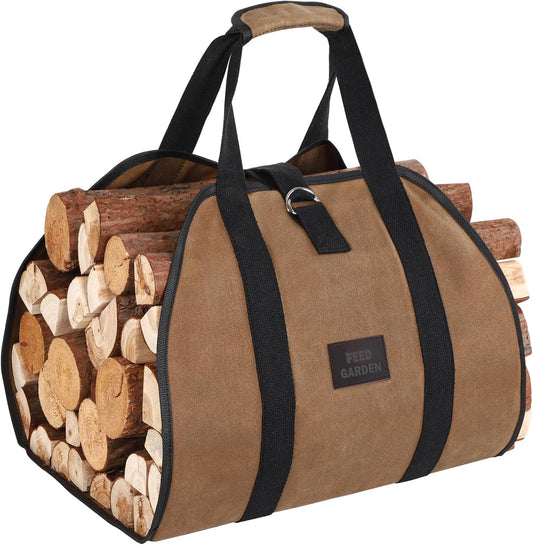 FEED GARDEN Firewood Carrier Bag Heavy Duty Waxed Canvas Log Carrier for Firewood Large Log Tote Fire Wood Carrying Bag with Handles for Easy Transport Carrying and Wood Stove Accessories