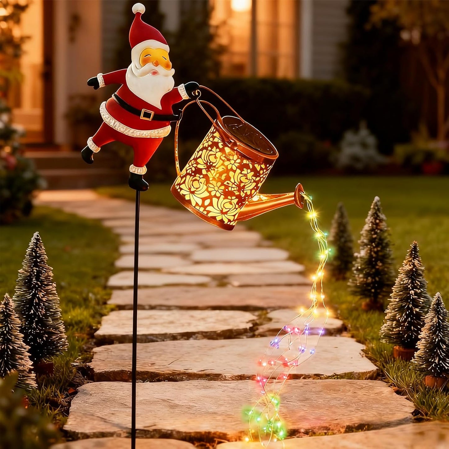 Christmas Solar Kettle Lights Garden Lawn Decorative Lights, Garden Christmas Lights Santa Claus Watering Can Lantern with Led Light Outdoor Waterproof Solar Lantern (A-Multicolor, One Size)