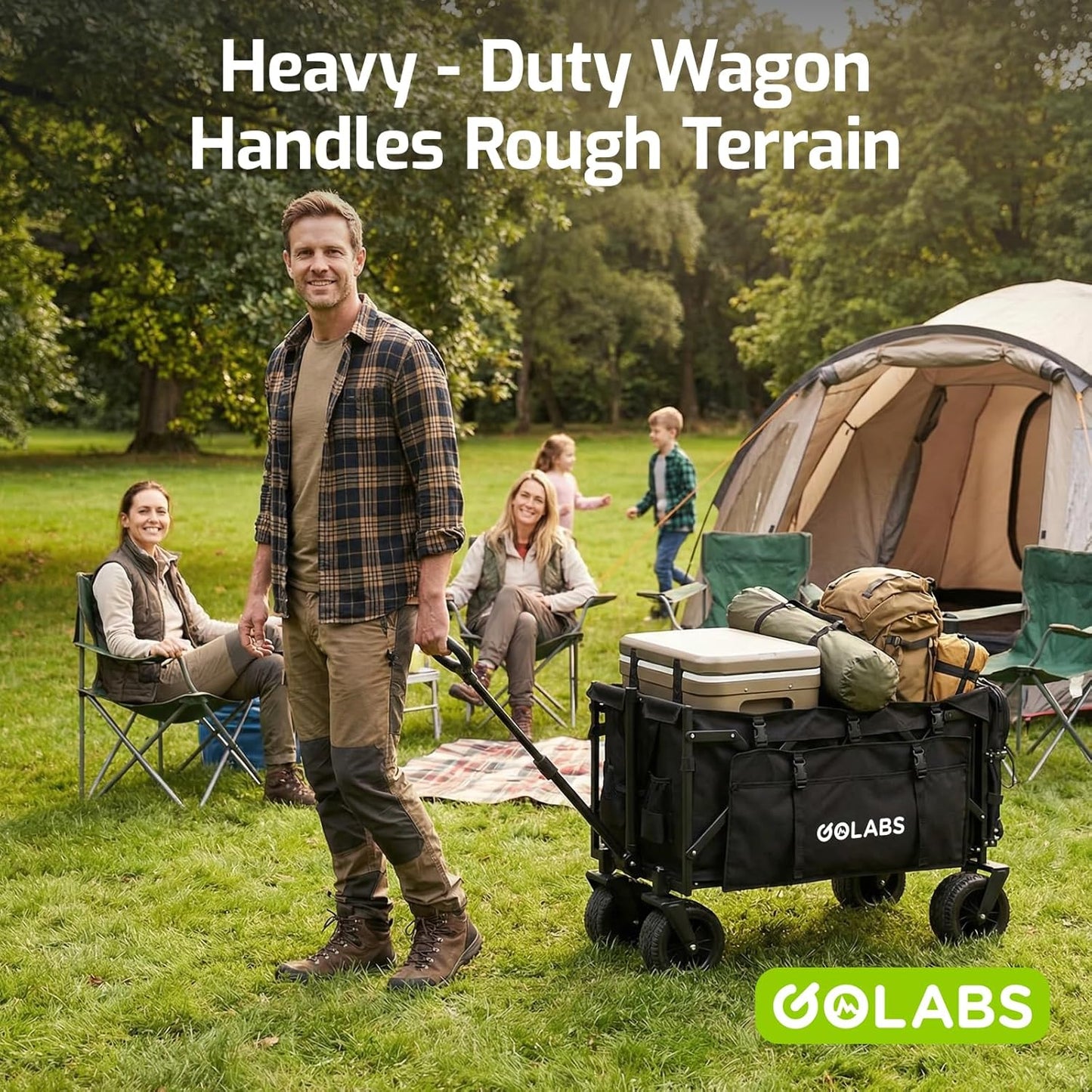 Golabs WA2 Wagon Cart Max 440lbs Load & Expandable Storage 205L, Heavy Duty Beach Wagon w/ 7×4" Big All-Terrain Wheel, 3S Quick Fold &Flexible Steering Design,2 Side Strap Design for Garden & Camping