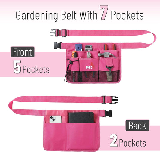 UNCO- Adjustable Gardening Belt, Pink, 7 Pockets, Wear, Cut and Water Resistant, Garden Tool Belt Pouch, Waist Apron with Pockets