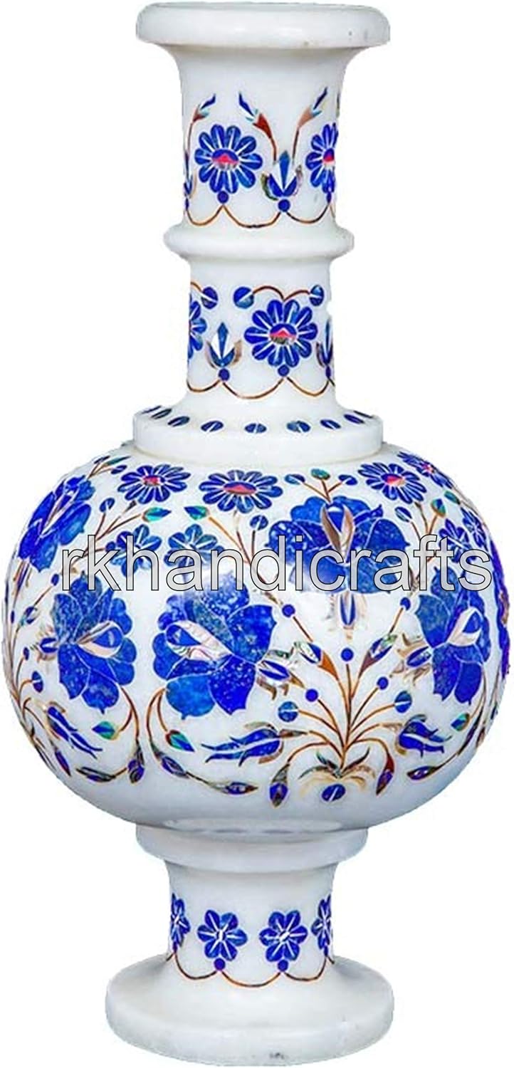 Lapis Lazuli Stone Plant Stand with Inlay Work White Marble Flower Pot from India Vintage Art and Crafts 12 Inches