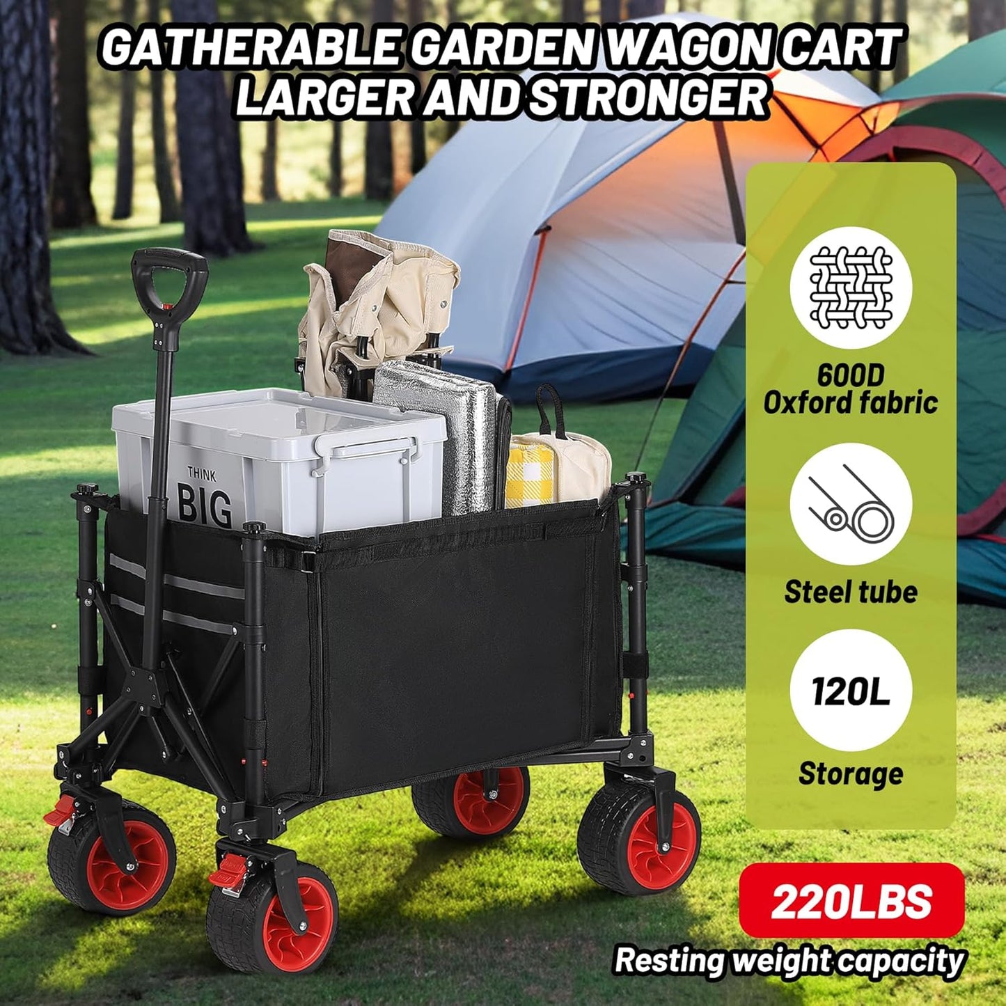 GAOMON 120L Collapsible Beach Wagon, 220lbs Weight Capacity Heavy Duty Foldable Garden Cart with Big Wheels for Sand, Utility Wagon Cart for Shopping, Camping, Beach