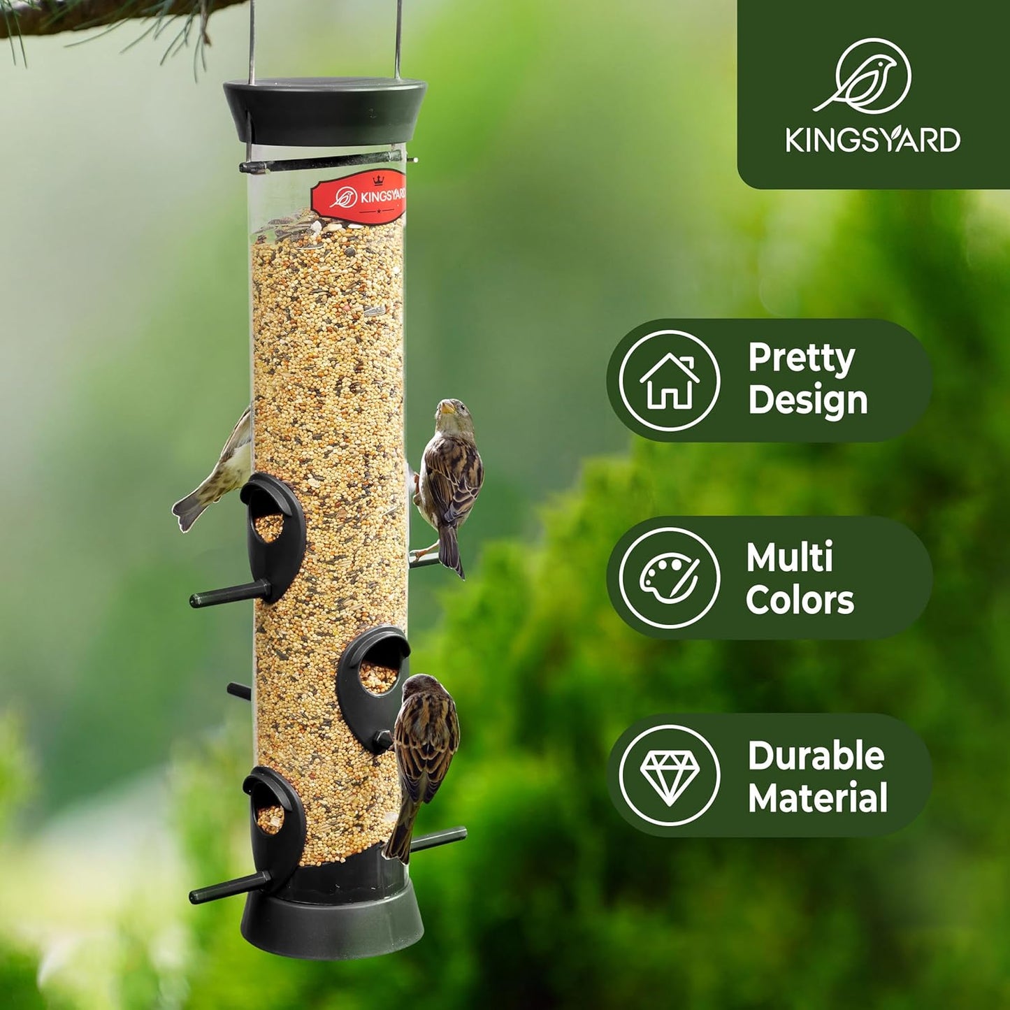 Kingsyard Tube Bird Feeders for Outdoors Hanging, Wild Bird Feeder with 6 Feeding Ports, Easy to Clean & Refill, 2 lbs Seed Capacity, Great for Attracting Finches, Cardinals (Black)