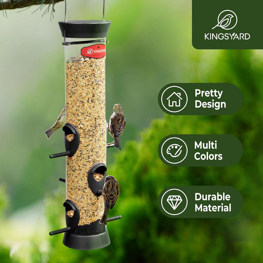 Kingsyard Tube Bird Feeders for Outdoors Hanging, Wild Bird Feeder with 6 Feeding Ports, Easy to Clean & Refill, 2 lbs Seed Capacity, Great for Attracting Finches, Cardinals (Black)