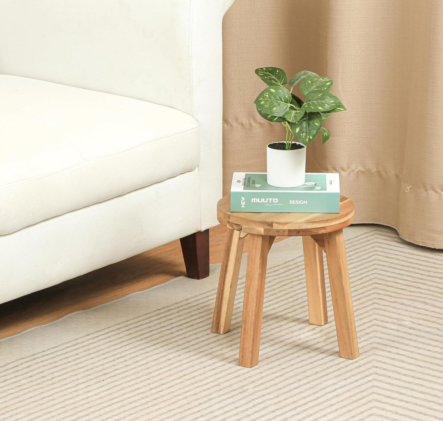 Round Stool Acacia Wood, 12" Height, 11" Round Top, Backless, Easy Ass