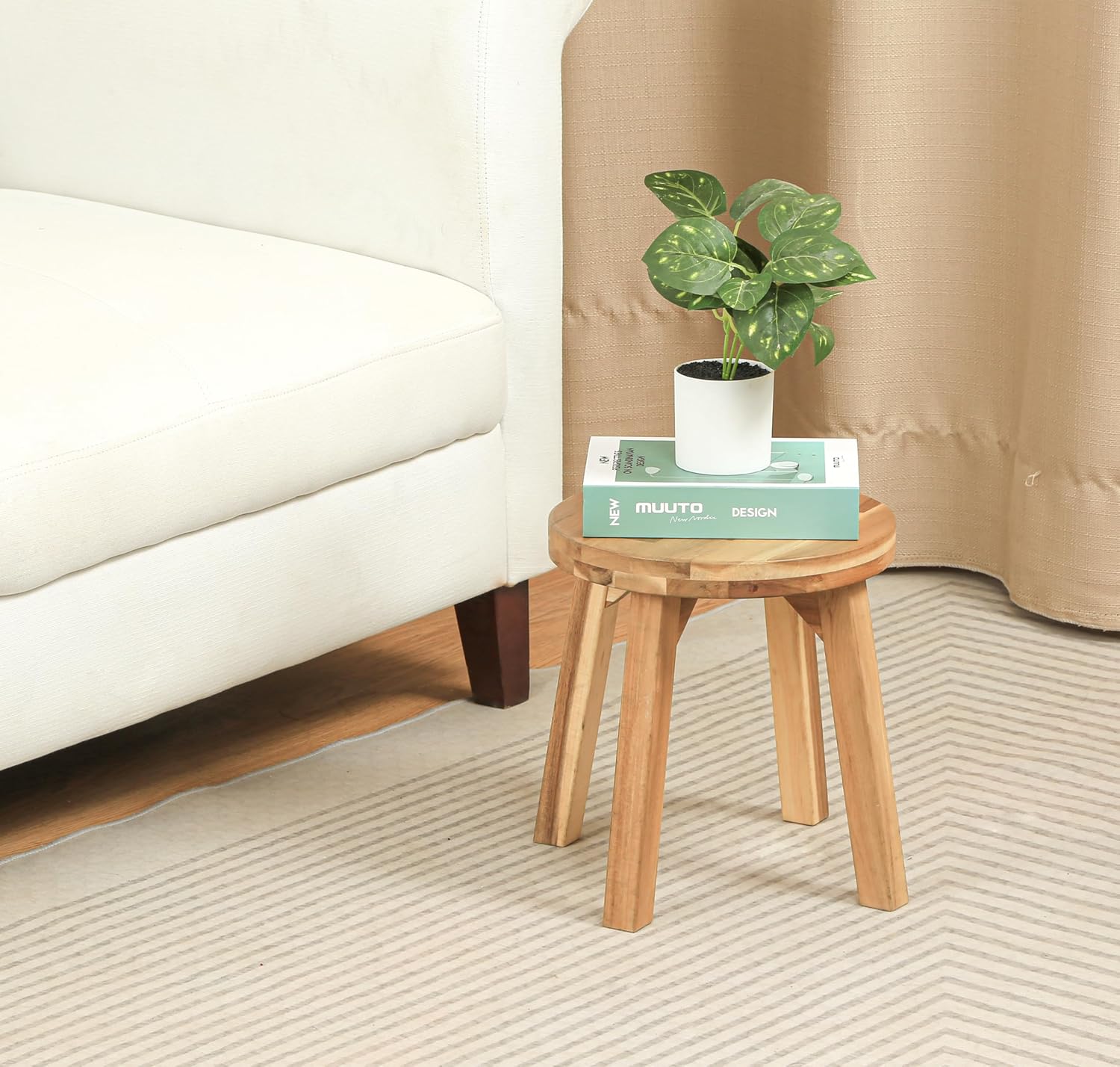 Round Stool Acacia Wood, 12" Height, 11" Round Top, Backless, Easy Ass