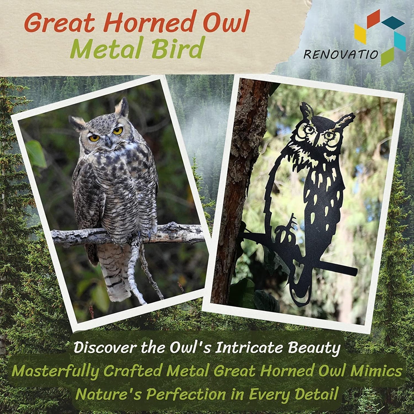 Renovatio Owl Metal Bird Art, Gifts for Dad, Owl Outdoor Decor for Garden, Yard & Patio – Majestic Bird Ornament & Yard Art – Garden Statues, Outdoor Ornaments & Durable Backyard Decor – Black