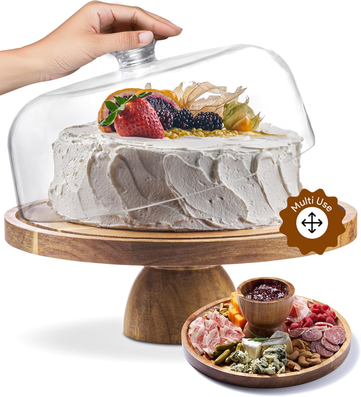 Acacia Wood Cake Stand with Lid - Cake Stand with Dome,12in Round Cake Holder, 2-in-1 Dessert Table Display Set & Charcuterie Board for Cheese, Chips & Dips, Fruit Platter, Large Acrylic Cake Dome Cover