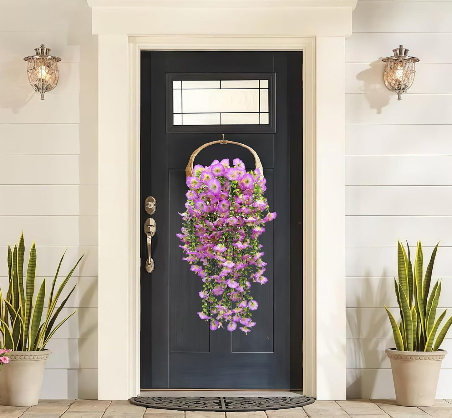 3Pcs Artificial Hanging Flowers for Outdoors UV Resistant Realistic PurpleFaux Petunias Vines for Outside Indoor Planter Porch Patio Yard HomeDecor