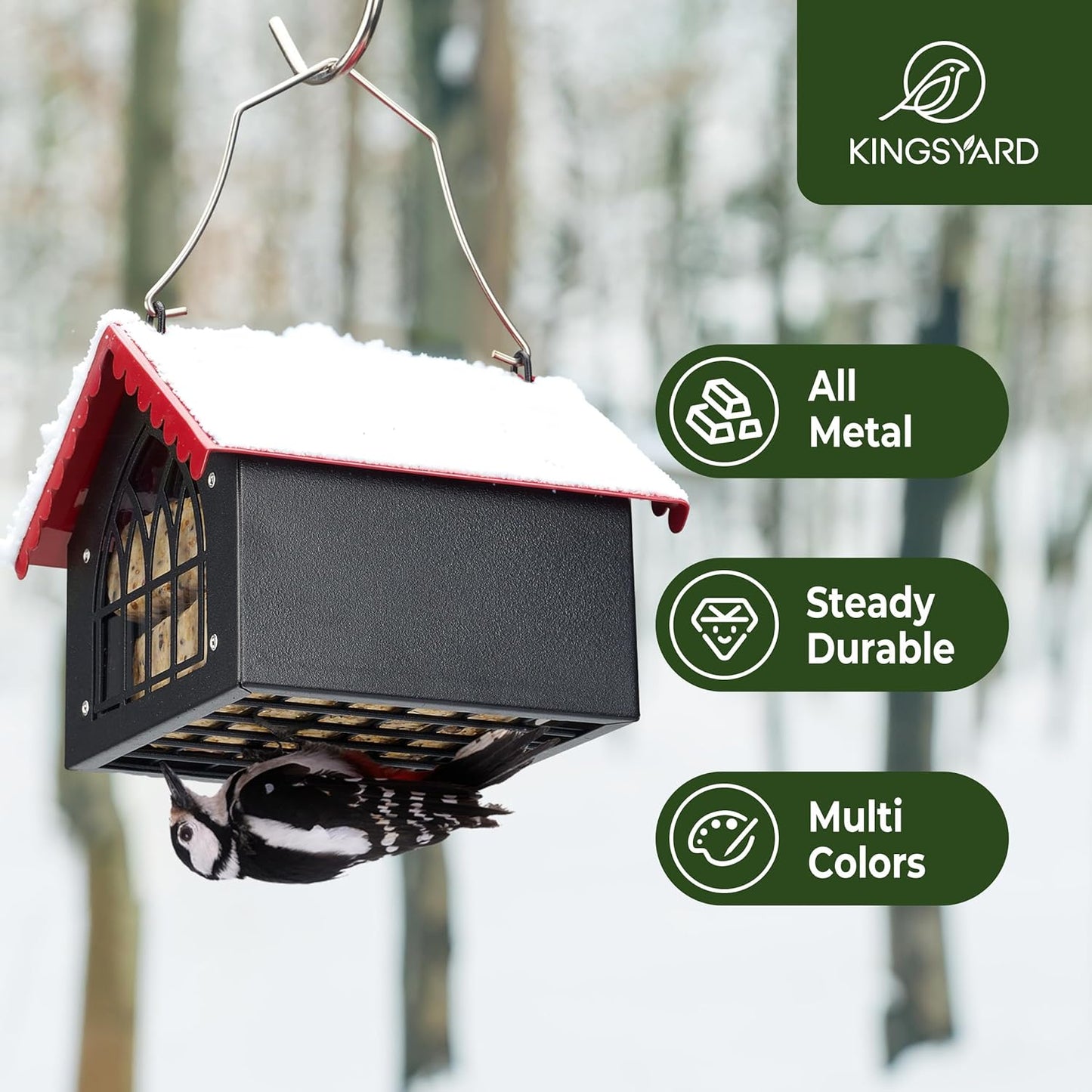 Kingsyard Double Upside Down Suet Feeder with Weatherproof Roof, All Metal Suet Feeders for Outdoors Hanging, Great for Downy Woodpecker Nuthatch Chickadee, Red