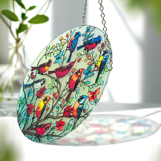 Large Size Cardinal Stained Glass Window Hanging, Cardinal Suncatcher Garden Decor, Hand Painted Red Bird Window Suncatchers, 8.6in Memorial Ornament for Bird Lovers Women