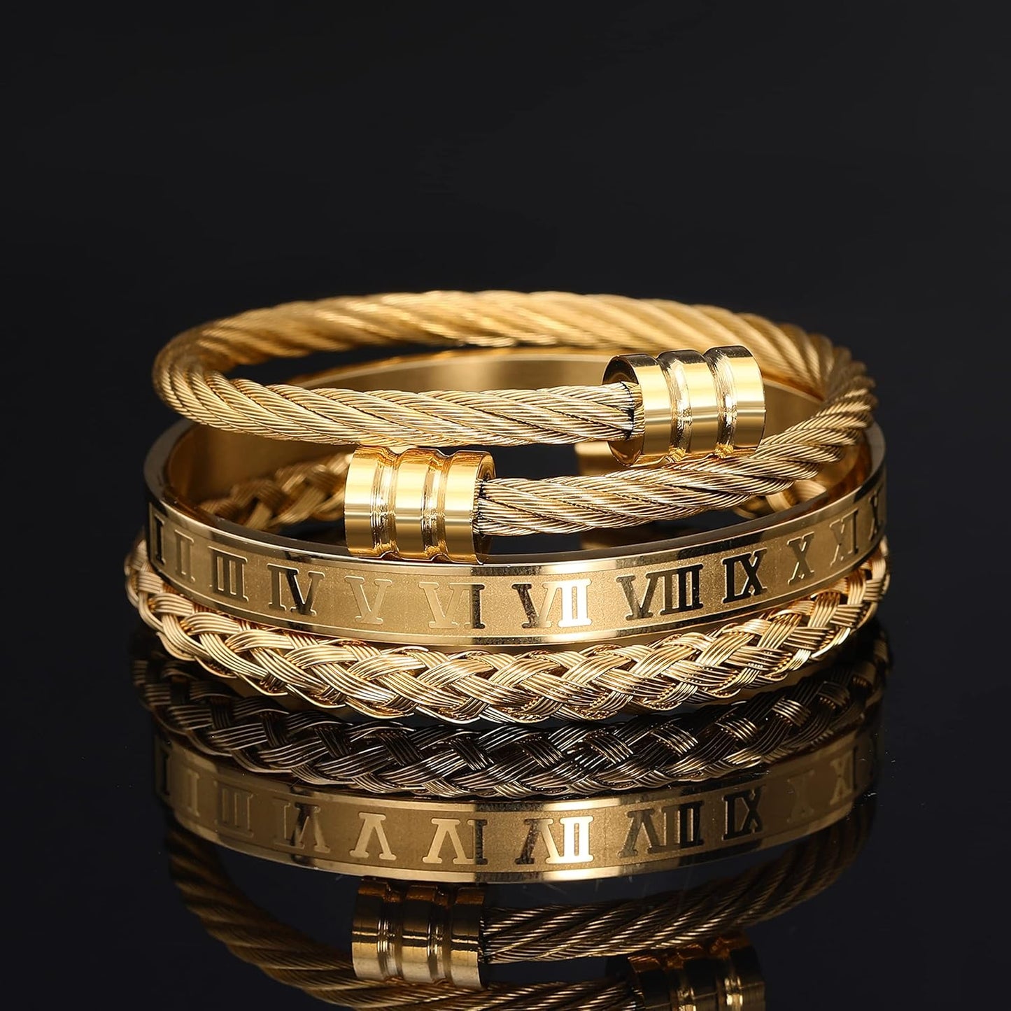 WFYOU 3PCS Stainless Steel Bracelets for Men Gold Roman Numeral Bangle