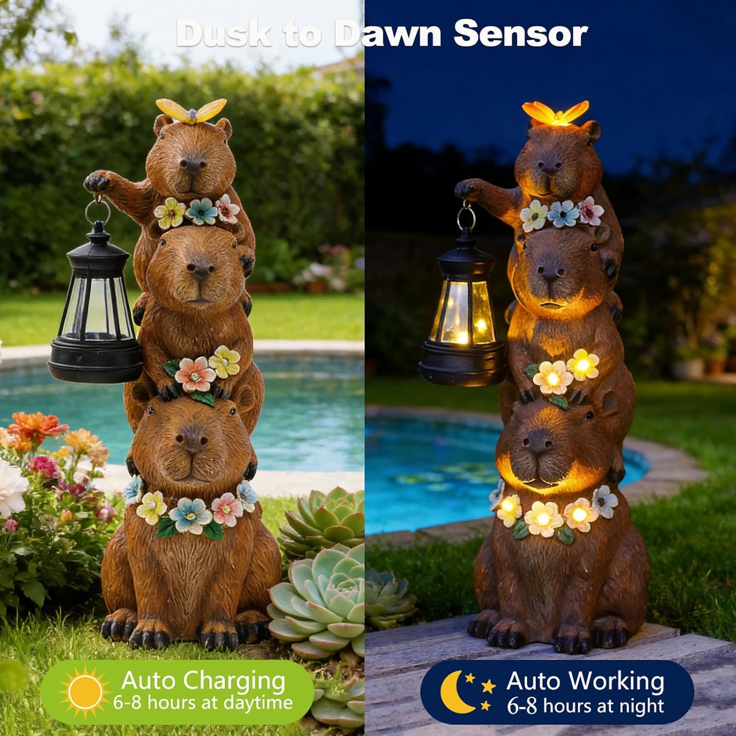 Duck Garden Statue with Solar Lantern, Cute Duck Figurine Waterproof Garden Decor for Outdoor, Porch Goose Statue Outside Duck Light for Yard Art Lawn Pond, Perfect Duck Gifts for Women (Capybara)