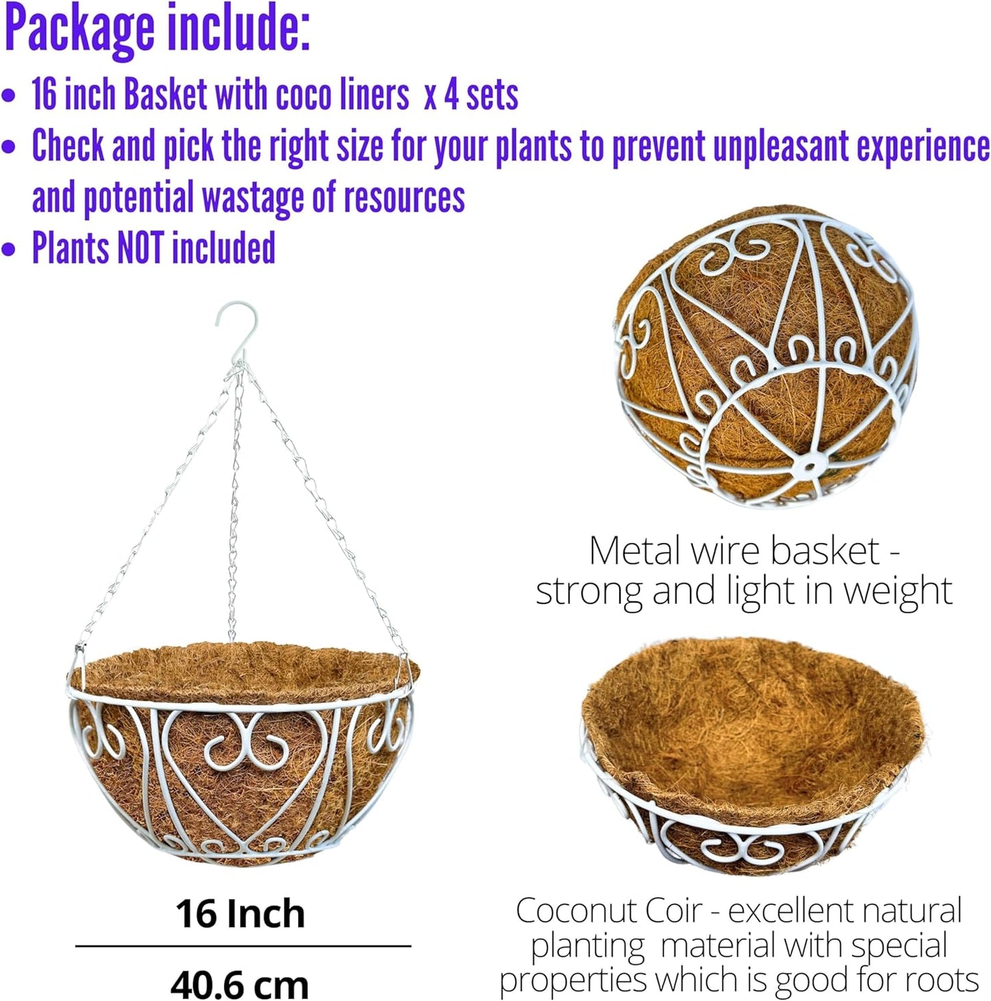 LaLaGreen Hanging Baskets for Plants (4 Pack, 16 Inch) Extra Large Hanging Flower Pot with Coco Liner White Metal Wire Round Plant Holder with Hanger Hook Chain Outdoor Patio Deck Balcony Garden Decor