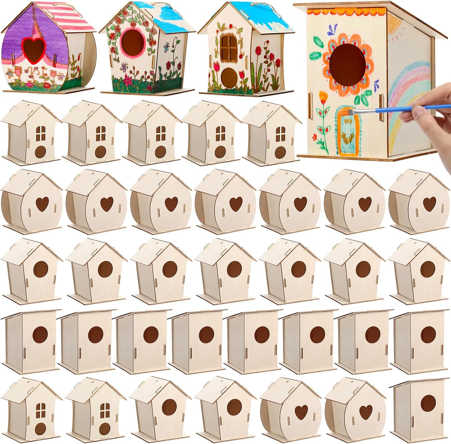 DoubleFill 12 Pcs Bulk Wooden Bird Houses Kits for Kids DIY Crafts and