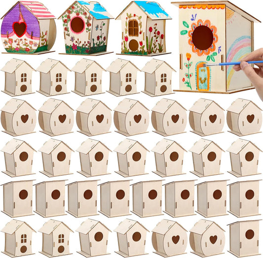 DoubleFill 12 Pcs Bulk Wooden Bird Houses Kits for Kids DIY Crafts and Arts Unfinished Wood Birdhouse to Paint Birthday Gifts for Easter Crafts Class Parties, 4 Styles
