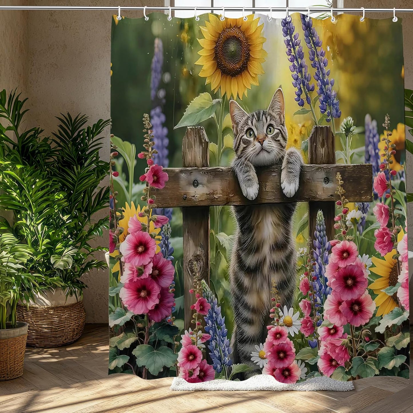 Funny Cat Shower Curtain Flower Sunflowers Helenium Cute Kitten,Spring
