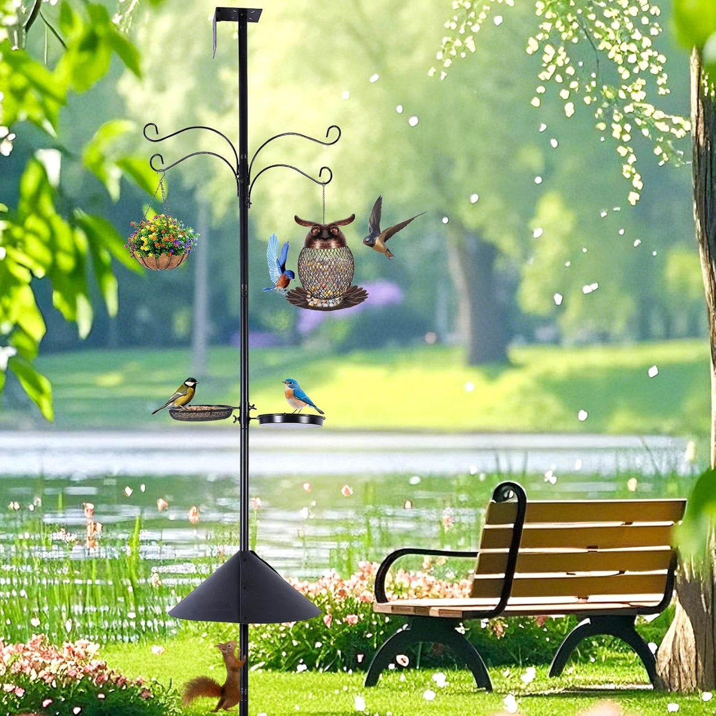 Bird Feeder Pole 4-in-1 with Squirrel Baffle, Metal Bird Feeders for Outdoors with Pole, Bath, Food Tray, 4 Hooks and Holds Cage 92 Inch
