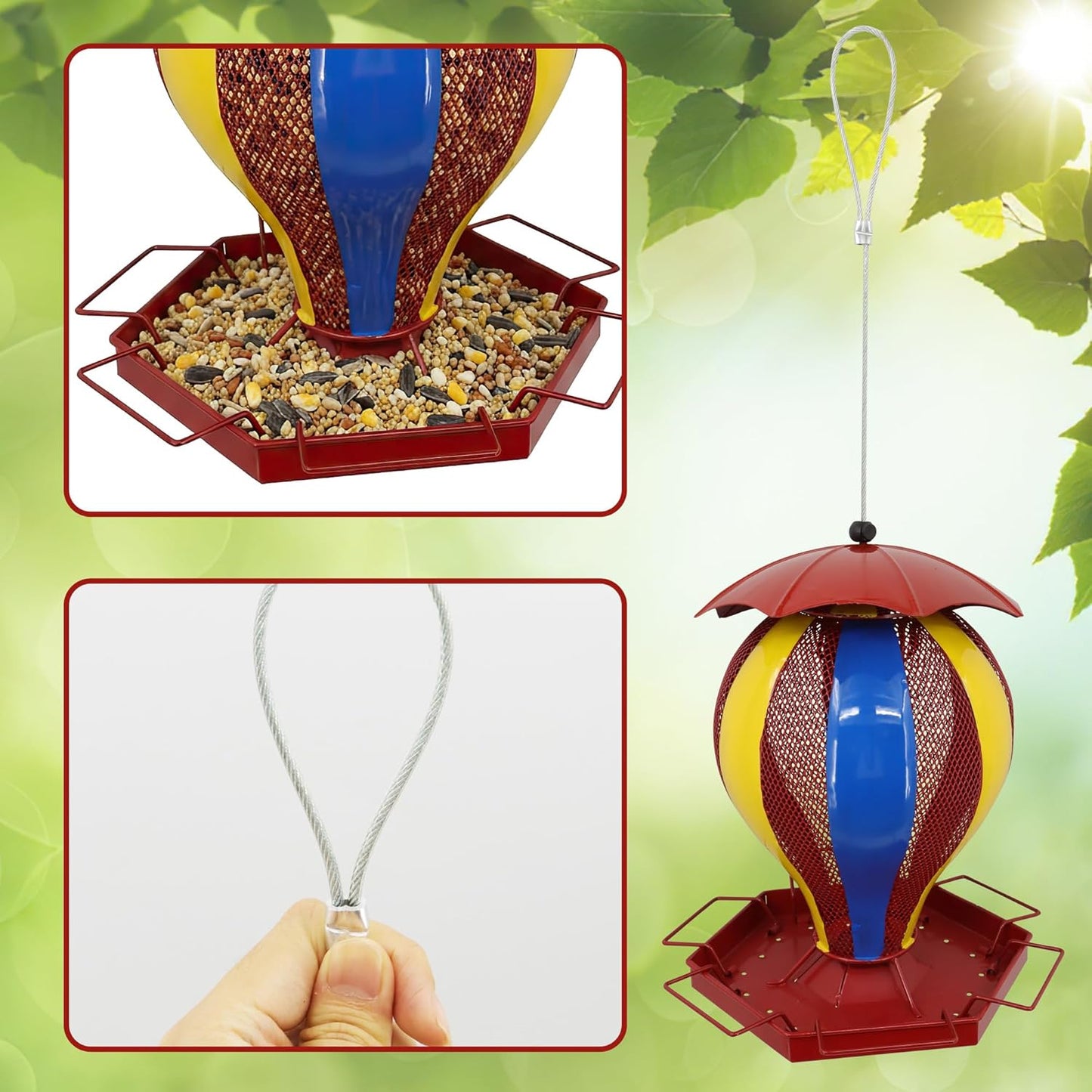 Metal Roof Bird Feeder - Chew Proof for Outdoor Hanging Wild Bird Seeds. red, Appearance of The hot air Balloon，Outside Wild Watching for Garden, Yard, Elderly Kids Viewing.