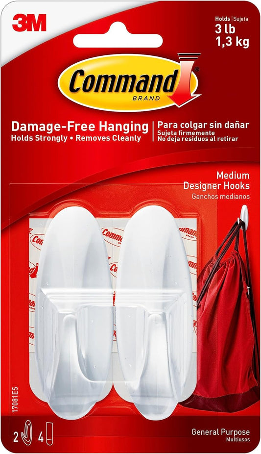 Command Medium Designer Hooks, 2 Hooks and 4 Command Strips, Damage-Fr