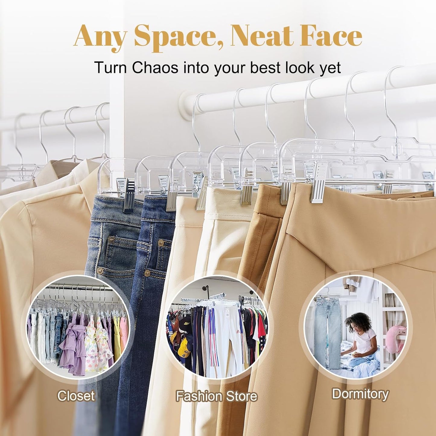 HOUSE DAY 12 Pack 14 inch Clear Plastic Skirt Hangers with Adjustable Clips, Pants Hangers 360-Rotating Swivel Hook, Clip Hangers for Pants, Trousers, Skirts, Jeans, Bulk Plastic Hangers