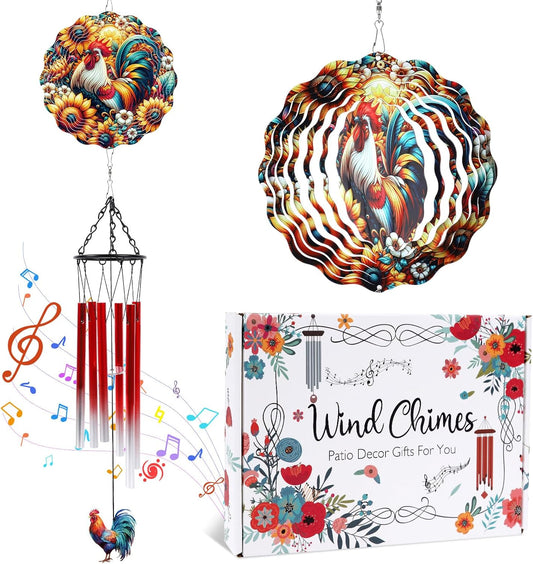 Windchimes with Wind Spinner Outdoors, Rooster Wind Chimes Gifts for W