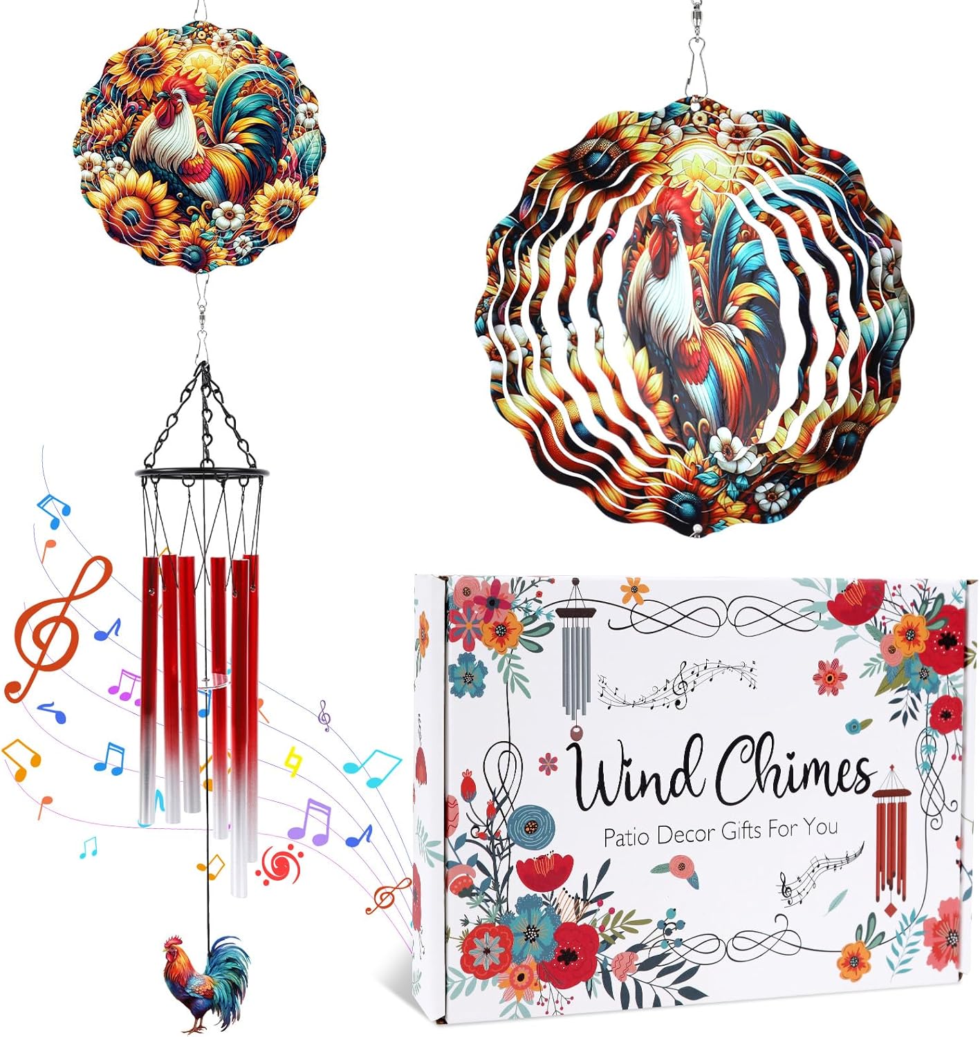 Windchimes with Wind Spinner Outdoors, Rooster Wind Chimes Gifts for Women Mom Sisters, Metal 3D Hanging Ornaments Decor for Garden Outside Yard