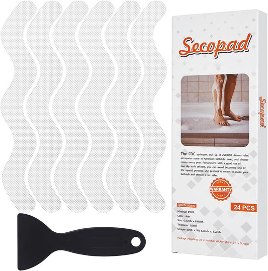 Patented Anti Slip Shower Stickers, Adhesive Decals Safety Strips with Scraper for Bath Tub, Shower Floor, Stairs, 24 Pieces (Clear)